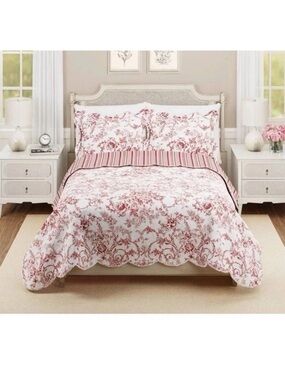 Beautiful Full/Queen ~ Red & White Floral REVERSIBLE 3 Pc Quilt Set 100% Cotton